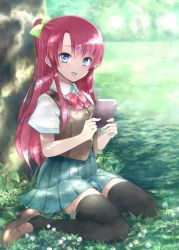 Rule 34 | 1girl, :d, black thighhighs, blue eyes, book, bow, bowtie, clover, clover (flower), dappled sunlight, flower, grass, hair bow, holding, jas (annkoromochi), loafers, long hair, looking at viewer, nature, open mouth, original, outdoors, pink hair, pleated skirt, ponytail, school uniform, shade, shoes, sitting, skirt, smile, solo, sunlight, sweater vest, thighhighs, tree, tree shade, under tree, wariza, zettai ryouiki