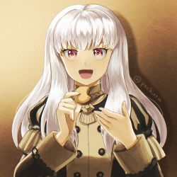 Rule 34 | 1girl, brown background, commentary request, cookie, eyebrows hidden by hair, fire emblem, fire emblem: three houses, food, garreg mach monastery uniform, holding, holding cookie, holding food, long hair, long sleeves, lysithea von ordelia, nintendo, open mouth, pink eyes, pochi (furaigonn), simple background, solo, twitter username, uniform, white hair