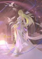 Rule 34 | 1girl, absurdres, artist request, bare shoulders, bird, blonde hair, blue eyes, closed mouth, detached collar, detached sleeves, douluo dalu, dress, expressionless, falling feathers, feathers, from side, full body, hair ornament, highres, long hair, long skirt, pillar, qian renxue (douluo dalu), second-party source, skirt, solo, white bird, white dress