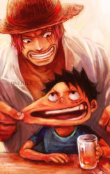 Rule 34 | 2boys, bar (place), black hair, blue shirt, child, collared shirt, copyright name, east blue, eye contact, facial hair, facial scar, facing viewer, glass, hat, height difference, jpeg artifacts, looking at another, looking down, looking up, male focus, milk, monkey d. luffy, multiple boys, one piece, open mouth, pinching, pinching cheek, red hair, scar, scar across eye, scar on cheek, scar on face, shanks (one piece), shirt, short hair, smile, source request, straw hat, stretching cheeks, t-shirt, table, teeth, tsuyomaru, v-shaped eyebrows, very short hair, white shirt, aged down