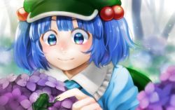 Rule 34 | 1girl, animal, blue eyes, blue hair, blunt bangs, blurry, blurry background, blush, flat cap, flower, fog, frilled shirt collar, frills, frog, green hat, hair bobbles, hair ornament, hat, hydrangea, kawashiro nitori, nora wanko, outdoors, short hair, size difference, solo, sparkle, tareme, touhou, two side up, upper body, water, water drop