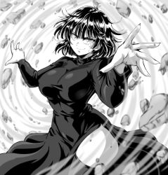 Rule 34 | 1girl, black dress, black hair, breasts, commentary, dress, english commentary, fingernails, fubuki (one-punch man), greyscale, highres, large breasts, lewdamone, long fingernails, looking at viewer, monochrome, one-punch man, rock, short hair, smile, solo, telekinesis, thighhighs, turtleneck, turtleneck dress