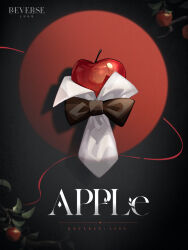 Rule 34 | apple, apple (reverse:1999), black bow, black bowtie, bow, bowtie, branch, character name, circle, copyright name, dark background, detached collar, english text, food, fruit, highres, leaf, logo, no humans, object focus, official art, red background, reverse:1999, spotlight, traditional bowtie, two-tone background