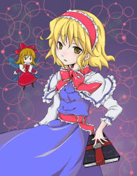 Rule 34 | 1girl, alice margatroid, belt, blonde hair, blue dress, book, bow, bowtie, doll, dress, female focus, flying, frills, grimoire, grimoire of alice, holding, juliet sleeves, long sleeves, looking at viewer, momoko (artist), momoko (kashitsuki), puffy long sleeves, puffy sleeves, red bow, red bowtie, red dress, shanghai doll, short hair, sidelocks, size difference, solo, touhou, yellow eyes