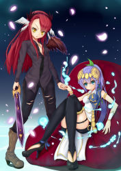 Rule 34 | 2girls, blue eyes, blue hair, boots, hair ornament, headband, jewelry, lakshmi (p&amp;d), lots of jewelry, minerva (p&amp;d), multiple girls, necklace, necktie, puzzle &amp; dragons, red hair, sword, thighhighs, torn clothes, weapon, wings, yellow eyes