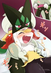 Rule 34 | 2girls, ^^^, ^ ^, absurdres, animal ear fluff, animal ears, animal hands, animal nose, armpits, arms up, bed sheet, bell, black fur, blush, bottle, bound, bound wrists, braixen, breath, cat teaser, closed eyes, cowboy shot, creatures (company), fang, feathers, female focus, flat chest, flying sweatdrops, fox ears, fox girl, fox tail, furry, furry female, furry with furry, game freak, gen 6 pokemon, green fur, green hair, half-closed eyes, highres, japanese text, jingle bell, laughing, light blush, looking at another, looking down, lying on lap, meowscarada, motion lines, multicolored fur, multiple girls, multiple views, neck fur, nintendo, nose blush, open mouth, pokemon, pokemon (creature), red eyes, rope, short hair, sitting, smile, snout, tail, tears, thick thighs, thighs, tickle torture, tickling, tickling sides, translation request, trembling, two-tone fur, vitamin t, white feathers, white fur, yellow fur, yuri