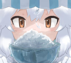 Rule 34 | 1girl, arctic fox (kemono friends), blush, close-up, coat, commentary request, food, fox girl, gloves, hair between eyes, kemono friends, rumenia (ao2is), shaved ice, sidelocks, snowflakes, solo, white coat, white gloves, white hair, yellow eyes