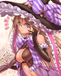 Rule 34 | 1girl, :3, blonde hair, blue eyes, book, breasts, cleavage, elbow gloves, glasses, gloves, hat, highres, long hair, pointy ears, solo, tsukigami chronica, witch hat