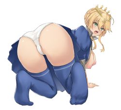 Rule 34 | 1girl, all fours, artoria pendragon (fate), artoria pendragon (lancer) (fate), ass, blonde hair, blue thighhighs, blush, braid, braided bun, breasts, crown, fate/grand order, fate (series), french braid, full body, green eyes, hair between eyes, hair bun, highres, large breasts, looking at viewer, looking back, medium hair, nipples, open mouth, panties, sauvignon, solo, thighhighs, thighs, underwear, white panties