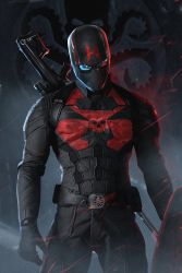 Rule 34 | 1boy, alternate costume, armor, belt, black gloves, bosslogic, captain america, covered face, covered mouth, cowboy shot, dark persona, evil, gloves, gun, helmet, holding, holding shield, male focus, marvel, realistic, shield, solo, standing, weapon, weapon on back