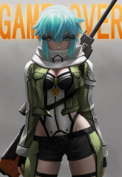 Rule 34 | 1girl, anti-materiel rifle, aqua eyes, aqua hair, black gloves, black jacket, black leotard, black shorts, bolt action, breasts, commentary request, covered mouth, cowboy shot, cropped jacket, double-parted bangs, fingerless gloves, game over, gloves, gradient background, green jacket, grey background, groin, gun, gun on back, hair between eyes, hair ornament, hairclip, highleg, highleg leotard, jacket, leotard, long sleeves, looking at viewer, medium breasts, multicolored clothes, multicolored jacket, open clothes, open jacket, pgm hecate ii, rifle, scarf, short hair, short shorts, shorts, sinon, sniper rifle, solo, standing, sword art online, two-tone leotard, user mim3719, variant set, weapon, weapon on back, white jacket, white leotard, white scarf