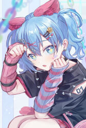 Rule 34 | absurdres, animal ears, arm up, bag, blue eyes, blue hair, blue nails, cat ears, chain, detached sleeves, earrings, extra ears, fang, fingernails, hair ornament, hairclip, hand up, hatsune miku, heart, highres, jewelry, looking at viewer, nail polish, negai wa itsuka asa wo koete (project sekai), official alternate costume, official alternate hair length, official alternate hairstyle, open mouth, pink bag, project sekai, sekai ni hibike! your song (project sekai), short hair, short twintails, star-shaped pupils, star (symbol), symbol-shaped pupils, twintails, vocaloid, vs0mr, wonderlands x showtime (project sekai), wonderlands x showtime miku