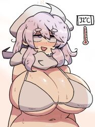 Rule 34 | 1girl, alternate breast size, bikini, breasts, commentary, english commentary, hat, hot, huge breasts, letty whiterock, navel, notnoe (dxcl), open mouth, plump, purple eyes, purple hair, scarf, smile, solo, sweat, swimsuit, thermometer, thick eyebrows, touhou, white bikini, white hat, white scarf