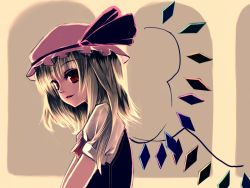 Rule 34 | 1girl, blonde hair, blouse, embodiment of scarlet devil, female focus, flandre scarlet, from side, hat, hat ribbon, mob cap, pink hat, red eyes, ribbon, shirt, side ponytail, solo, suisai (suisao), touhou, white shirt, wings