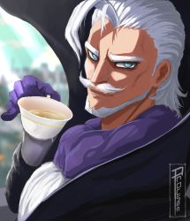 Rule 34 | 1boy, ahoge, artist name, beard, black cape, blue eyes, boku no hero academia, cape, cup, facial hair, gentle criminal, gloves, hair slicked back, highres, holding, holding cup, long hair, looking at viewer, male focus, mustache, procsan, purple gloves, solo, tea, teacup, upper body, white hair