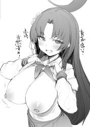 Rule 34 | 1girl, blue archive, blush, bouncing breasts, breasts, clothes lift, commentary request, fang, flower, hair flower, hair ornament, halo, highres, large breasts, long hair, long sleeves, looking at viewer, monchan rev3, monochrome, navel, nipples, open mouth, school uniform, serafuku, shirt lift, simple background, skirt, smile, solo, translation request, white background, yukari (blue archive)