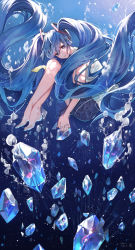 Rule 34 | 1girl, barefoot, blue eyes, blue hair, bubble, crystal, dress, hanagata, own hands clasped, hatsune miku, headphones, highres, long hair, own hands together, twintails, underwater, vocaloid