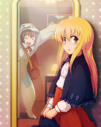 Rule 34 | 2girls, :d, :o, ^ ^, bad id, bad pixiv id, bag, blonde hair, blush, bow, brown hair, capelet, closed eyes, costume, closed eyes, hat, unworn hat, unworn headwear, holding, holding hat, lamp, long hair, mesou-san, mirror, multiple girls, open mouth, original, portrait (object), reflection, short hair, smile, standing, yellow eyes