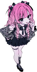 1girl aegyo_sal akiyama_enma ankle_socks black_eyes black_nails black_theme bobby_socks bow bow_earrings bowtie breasts cleavage cleavage_cutout clothing_cutout commentary_request ear_piercing earrings eyeshadow fashion from_above hair_ribbon hand_on_own_hip heart heart_earrings heart_o-ring high_heels highres jewelry jirai_kei lace_shirt lace_socks leaning_forward long_hair looking_at_viewer makeup mary_janes nail_polish o-ring o-ring_thigh_strap original piercing pink_eyeshadow pink_hair red_pupils ribbon ring ringlets shoes shoulder_cutout skirt socks solo suspender_skirt suspenders thigh_strap tongue tongue_out tongue_piercing two_side_up