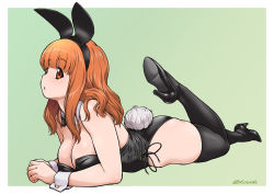 Rule 34 | 1girl, alternate costume, animal ears, ass, bare shoulders, black bow, black bowtie, black leotard, black thighhighs, blunt bangs, blush, bow, bowtie, breasts, brown eyes, cleavage, detached collar, fake animal ears, girls und panzer, high heels, kouda tomohiro, large breasts, leg up, leotard, long hair, looking at viewer, lying, on stomach, orange hair, parted lips, playboy bunny, rabbit ears, rabbit tail, solo, tail, takebe saori, thighhighs, twitter username, wrist cuffs
