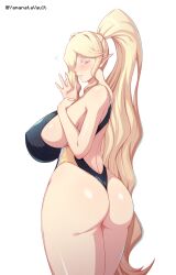 Rule 34 | 1girl, artist name, ass, backless swimsuit, blonde hair, blush, breasts, colored eyelashes, competition swimsuit, flying sweatdrops, from behind, hand on own chest, highres, huge breasts, kulve taroth, legs together, long hair, looking at viewer, looking back, monster hunter, monster hunter: world, monster hunter (series), one-piece swimsuit, personification, pointy ears, ponytail, sideboob, simple background, solo, standing, swimsuit, very long hair, white background, yamanata
