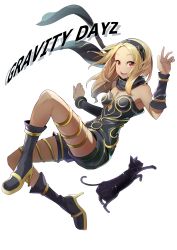Rule 34 | 1girl, absurdres, black leotard, black scarf, blonde hair, cat, copyright name, dusty (gravity daze), gold footwear, gravity daze, high heels, highres, kitten (gravity daze), leotard, medium hair, open hand, open mouth, red eyes, scarf, shirowa, smile, solo, thigh strap, vambraces