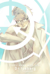 Rule 34 | 1boy, blue eyes, blue theme, character name, coat, copyright name, english text, facial hair, glasses, gray-witch hai miko, iceberg (scp), lab coat, lips, logo, male focus, monochrome, naked coat, nude, scp foundation, solo, white hair, wink