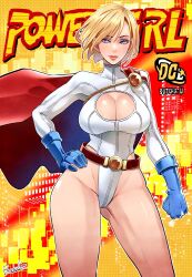 Rule 34 | 1girl, artist name, belt, blue eyes, blue gloves, breasts, butcha-u, cape, character name, cleavage, cleavage cutout, clothing cutout, commentary, copyright name, cover, cowboy shot, dc comics, english commentary, fake cover, gloves, hand on own hip, highleg, highleg leotard, highres, large breasts, leotard, looking at viewer, loose belt, mole, mole under mouth, power girl, red cape, seductive smile, short hair, signature, smile, solo, superhero costume, superman (series), white leotard