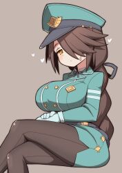 Rule 34 | 1girl, absurdres, aqua dress, aqua hat, belt, black belt, black ribbon, blue gloves, blush, bori (3910234), braid, breasts, brown hair, brown pantyhose, buttons, crossed legs, double-breasted, dress, gloves, grey background, hair over one eye, hair ribbon, hat, heart, highres, large breasts, long hair, long sleeves, looking at viewer, military, military hat, military uniform, neck ribbon, orange eyes, own hands together, pantyhose, peaked cap, ribbon, seamed legwear, sequel (series), sequel blight, short dress, side-seamed legwear, simple background, single braid, sitting, solo, sweat, tillema riema (sequel blight), tirma riema, uniform, very long hair