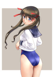 Rule 34 | 1girl, ass, black sailor collar, blue eyes, blue one-piece swimsuit, blush, competition swimsuit, cowboy shot, from behind, grey background, hair between eyes, hair ribbon, highres, katahira masashi, long hair, long sleeves, looking at viewer, looking back, one-piece swimsuit, original, parted lips, red ribbon, ribbon, sailor collar, school uniform, serafuku, shirt, solo, swimsuit, swimsuit under clothes, tareme, twintails, two-tone background, white shirt