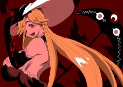 Rule 34 | 1girl, absurdres, black gloves, blonde hair, breasts, commentary request, cover image, detached collar, doctor masube, dress, fangs, from side, gloves, hair over one eye, hat, highres, holding, holding weapon, huge breasts, long dress, long hair, looking at viewer, looking back, lucretia (doctor masube), open mouth, original, red eyes, scythe, slit pupils, solo, strapless, strapless dress, sun hat, vampire, very long hair, weapon