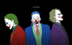 Rule 34 | 2boys, batman (series), blue hair, blue suit, buggy the clown, commentary, dc comics, english commentary, formal, green hair, joker (2019), long hair, looking at viewer, looking to the side, makeup, multiple boys, necktie, one piece, ponytail, purple suit, raine (acke2445), red nose, red suit, shirt, short hair, smile, suit, the joker