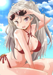 Rule 34 | 1girl, :d, adjusting eyewear, arm up, between legs, bikini, blue sky, breasts, brown eyes, cleavage, conte di cavour (kancolle), criss-cross halter, eyewear on head, fuji (pixiv24804665), grey hair, hair between eyes, halterneck, hand between legs, hand on eyewear, highres, kantai collection, large breasts, long hair, looking at viewer, navel, open mouth, red bikini, shiny skin, sketch, sky, smile, solo, sparkle, sunglasses, swimsuit, wet