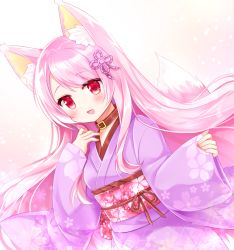 Rule 34 | 1girl, :d, animal ear fluff, animal ears, brown collar, collar, commentary request, commission, floral print, fox ears, fox girl, fox tail, gradient background, hand up, japanese clothes, kimono, long hair, long sleeves, obi, open mouth, original, parted bangs, pink background, pink hair, print kimono, purple kimono, red eyes, sash, shikito (yawa0w0), skeb commission, sleeves past wrists, smile, solo, tail, very long hair, white background, wide sleeves