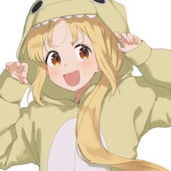 Rule 34 | :d, absurdres, animal costume, animal hood, blonde hair, blush, bocchi the rock!, brown eyes, commentary request, highres, hood, ijichi nijika, long hair, long sleeves, mosa 1120, open mouth, simple background, smile, upper body, white background