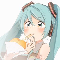 Rule 34 | 1girl, agonasubi, aqua eyes, aqua hair, aqua nails, aqua necktie, baozi, bare shoulders, black sleeves, blush, cheese trail, commentary, crumbs, detached sleeves, eating, food, full mouth, grey shirt, hair ornament, hand on own chin, hatsune miku, headphones, highres, holding, holding food, long hair, md5 mismatch, nail polish, necktie, pizza, resolution mismatch, shirt, shoulder tattoo, sleeveless, sleeveless shirt, solo, source smaller, tattoo, twintails, upper body, very long hair, vocaloid, white background