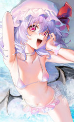 Rule 34 | 1girl, absurdres, armpits, arms up, bat wings, bikini, breasts, choker, commission, fangs, frilled swimsuit, frills, hat, highres, lalu (pixiv3307500), light purple hair, looking at viewer, mob cap, navel, open mouth, purple eyes, remilia scarlet, slit pupils, small breasts, smug, solo, swimsuit, tongue, touhou, water, wings