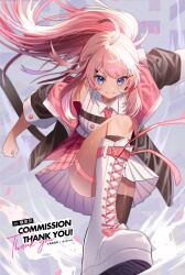 Rule 34 | 1girl, ahoge, black jacket, blue eyes, character request, choker, commentary, commission, cross-laced footwear, edajima denki, english commentary, hair ornament, hairclip, highres, indie virtual youtuber, jacket, long hair, necktie, open clothes, open jacket, pink choker, pink hair, pink necktie, pleated skirt, ponytail, skeb commission, skirt, smile, solo, thigh strap, virtual youtuber, white footwear