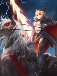 Rule 34 | 1girl, armor, artoria pendragon (fate), artoria pendragon (lancer) (fate), artoria pendragon (lancer alter) (fate), blonde hair, boots, breasts, cape, cleavage, electricity, fantasy, fate/grand order, fate (series), gauntlets, highres, holding, holding weapon, horns, horseback riding, knee boots, lance, large breasts, looking at viewer, navel, pauldrons, polearm, revealing clothes, rhongomyniad (fate), riding, saber (fate), saber alter, saddle, sheepspear, short hair, shoulder armor, solo, underboob, weapon, yellow eyes