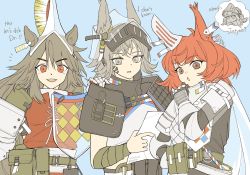 Rule 34 | 3girls, :o, animal ears, arknights, arm wrap, armor, ashlock (arknights), belt pouch, blouse, blue background, bonjirix, breastplate, brown eyes, brown hair, ear covers, ear tag, earpiece, ears through headwear, english text, fartooth (arknights), flametail (arknights), gauntlets, green bag, grey eyes, grey hair, grey shirt, highres, holding, holding paper, horse ears, looking at viewer, multiple girls, open mouth, orange eyes, orange shirt, paper, pouch, red hair, shirt, simple background, spoken character, squirrel ears, thick eyebrows, thought bubble, upper body, v-shaped eyebrows, visor (armor), wild mane (arknights)