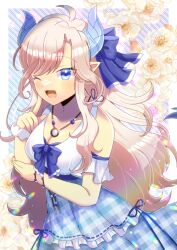 Rule 34 | 1girl, ;d, bare shoulders, blue bow, blue dress, blue eyes, bow, breasts, cleavage, collarbone, commentary request, commission, dress, fangs, floral background, flower, frilled dress, frills, hair bow, horns, icy sylvie, indie virtual youtuber, kou hiyoyo, light brown hair, long hair, medium breasts, one eye closed, open mouth, parted bangs, plaid, plaid dress, pointy ears, ribbon-trimmed dress, scrunchie, skeb commission, smile, solo, striped background, very long hair, virtual youtuber, white flower, white scrunchie, wrist scrunchie