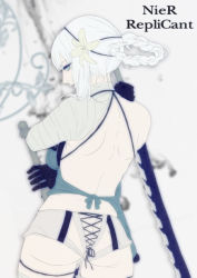 Rule 34 | 1girl, ass, backless outfit, bandages, blade, butt crack, dimples of venus, flower, from behind, gloves, hair ornament, kaine (nier), lingerie, negligee, nier, nier (series), panties, silver hair, solo, underwear, white panties