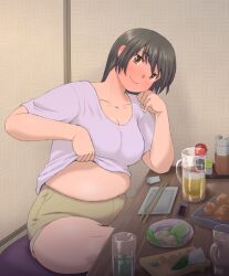 Rule 34 | 1girl, arm support, beer mug, blush, breasts, character request, chopsticks, cleavage, closed mouth, collarbone, commentary request, copyright request, cup, drinking glass, from side, hair between eyes, ice, ice cube, katou (katohayabusa), large breasts, looking at viewer, medium breasts, muffin top, mug, navel, on floor, plate, plump, shadow, short sleeves, sitting, solo, table, thick thighs, thighs
