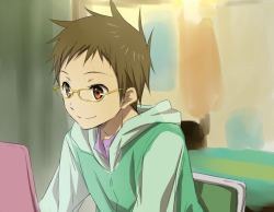 Rule 34 | 10s, 1boy, bed, bespectacled, brown eyes, brown hair, computer, fukube satoshi, glasses, hyouka, laptop, male focus, rito453, short hair, sitting, solo