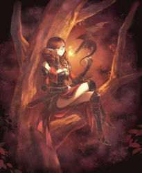 Rule 34 | 1girl, armor, artist request, brown hair, crossed legs, dragon, drill hair, earrings, elf, fantasy, highres, horns, jewelry, minami seira, mini dragon, pixiv fantasia, pixiv fantasia 4, pointy ears, red hair, sitting, smile, solo, sword, tree, weapon, yellow eyes