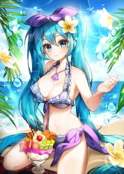 Rule 34 | 1girl, absurdly long hair, absurdres, aqua eyes, aqua hair, beach, bikini, breasts, cleavage, closed mouth, flower, food, frilled bikini, frills, hair between eyes, hair flower, hair ornament, halterneck, halterneck, hand up, hando 2020, hatsune miku, highres, ice cream, jewelry, large breasts, long hair, looking at viewer, navel, necklace, ocean, outstretched arm, seiza, sideboob, sitting, smile, swimsuit, twintails, very long hair, vocaloid, water