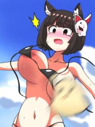 Rule 34 | 1girl, :o, alternate costume, animal ears, areola slip, armpits, azur lane, bare shoulders, bikini, bikini top only, bird, black bikini, black hair, blue sky, blunt bangs, blurry, blush, breast slip, breasts, cat ears, cat mask, chick, cleavage, cloud, cloudy sky, collarbone, commentary request, convenient censoring, depth of field, fang, highres, large breasts, looking down, manjuu (azur lane), mask, mask on head, micro bikini, midriff, navel, outstretched arms, red eyes, short hair, sidelocks, sky, spaghetti strap, spread arms, surprised, sweat, swimsuit, takezuchi, unaligned breasts, wardrobe malfunction, yamashiro (azur lane)