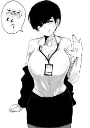 Rule 34 | 1girl, absurdres, afterimage, air conditioner, arrow (symbol), blush, breasts, cleavage, collared shirt, commentary, cowboy shot, dress shirt, fanning self, formal, greyscale, highres, hot, id card, jacket, lanyard, large breasts, legs together, looking at viewer, miniskirt, monochrome, norman maggot, office, office lady, olive laurentia, one eye closed, original, pantyhose, pencil skirt, pixie cut, removing jacket, shirt, short hair, simple background, skirt, skirt suit, solo, speech bubble, spoken question mark, spoken object, standing, suit, swept bangs, taut clothes, taut shirt, white background