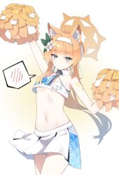 Rule 34 | 1girl, absurdres, alternate costume, animal ear fluff, animal ears, arm up, blue archive, blush, cheerleader, cowboy shot, crop top, embarrassed, flower, hair flower, hair ornament, hairband, halo, hands up, headband, hesh183, highres, holding, holding pom poms, long hair, mari (blue archive), mari (track) (blue archive), midriff, millennium cheerleader outfit (blue archive), muffin top, navel, orange hair, pom pom (cheerleading), pom poms, ponytail, skirt, sticker on arm, two-tone skirt, white flower, white hairband, white headband, white skirt, yellow halo