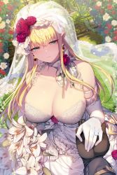 Rule 34 | 1boy, 1girl, arch, bare shoulders, black gloves, blonde hair, blush, breasts, choker, cleavage, closed mouth, collarbone, dress, elbow gloves, elf, floral arch, flower, flower on head, gloves, green eyes, highres, holding hands, jewelry, large breasts, lily (flower), long hair, looking at viewer, mendou kusai, original, ornate ring, outdoors, pointy ears, pov, pov hands, ring, rose, see-through, sleeveless, smile, solo focus, tearing up, veil, wedding dress, wedding ring, white choker, white dress, white gloves